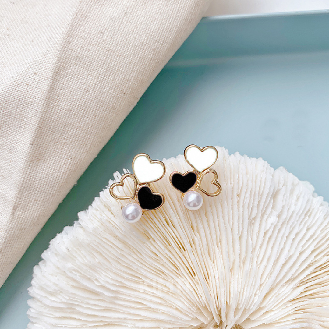 Pearl Enamel Heart Stud Earrings