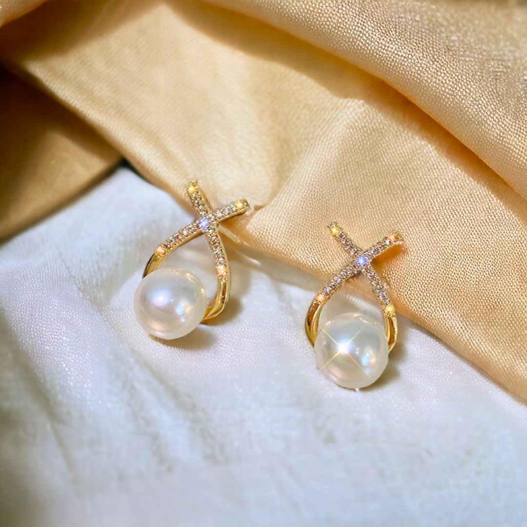 Korean Diamond Studded Cross Pearl Silver Stud Earring — Buy Any 5 for Rs. 599