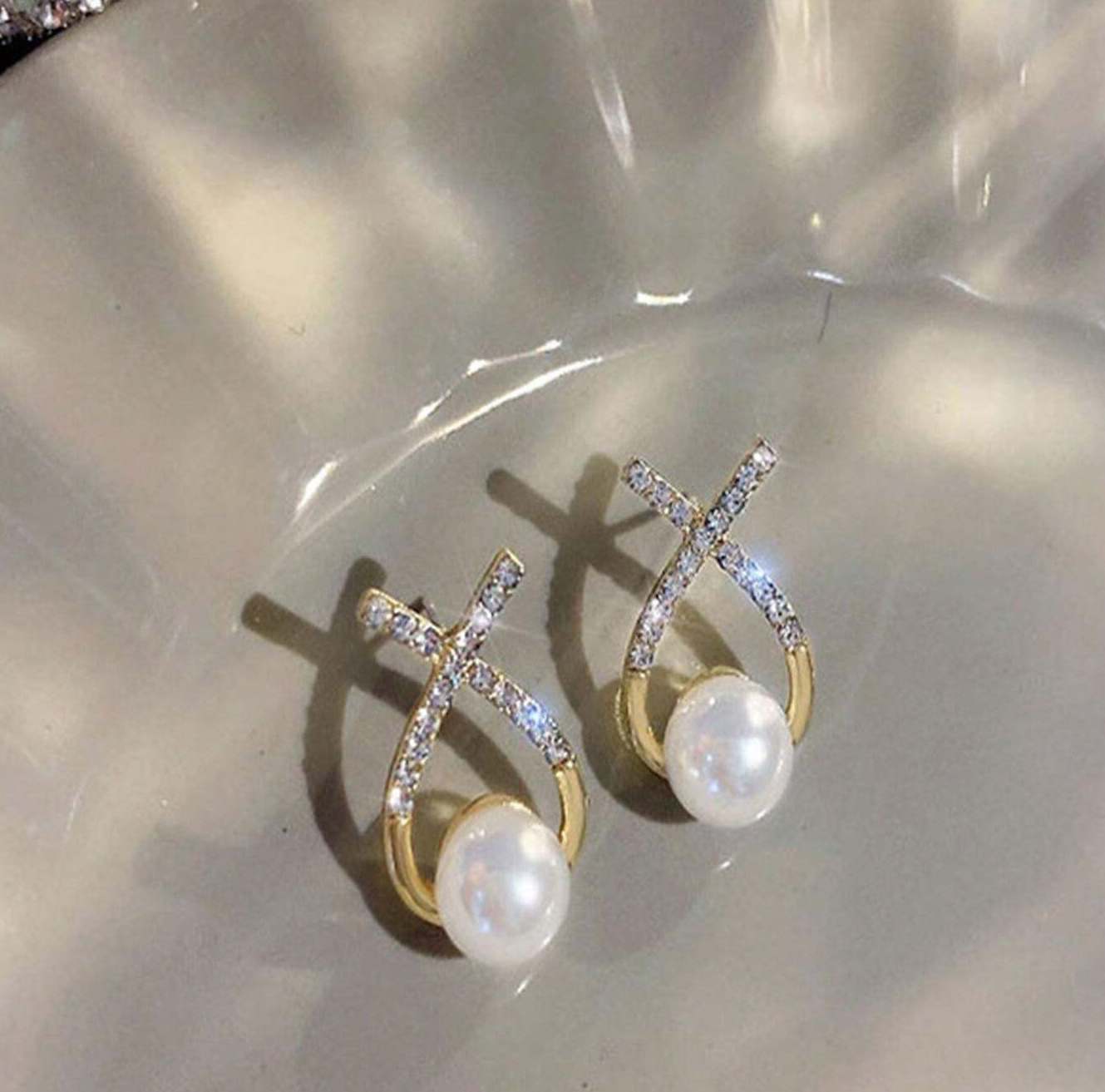 Korean Diamond Studded Cross Pearl Silver Stud Earring — Buy Any 5 for Rs. 599