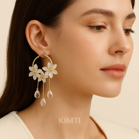 White Flower Hoop Earrings