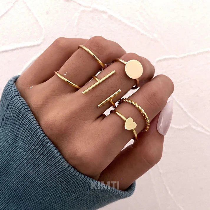 Set Of 6 Gold-Plated Contemporary Stackable Finger Rings