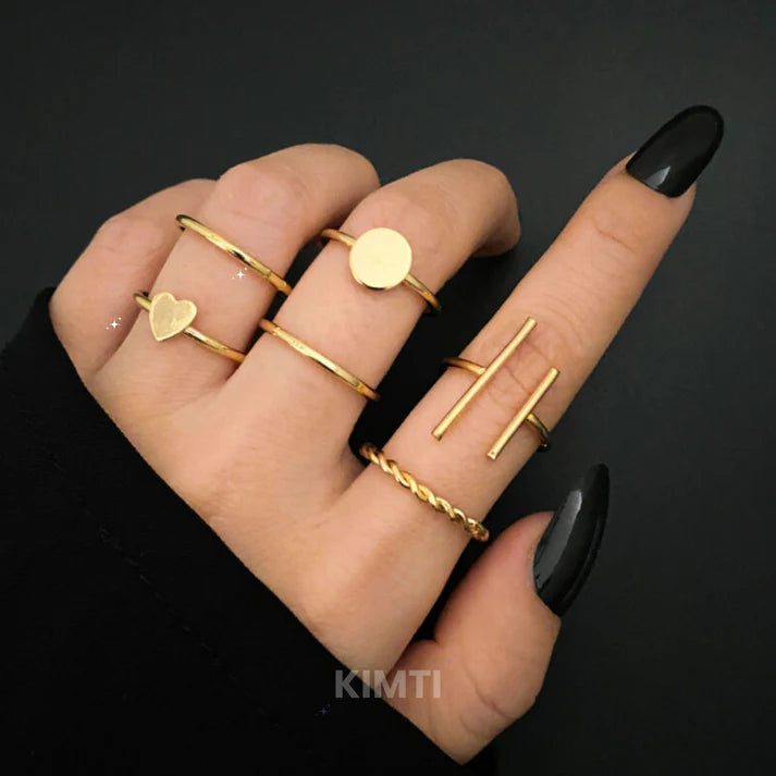 Set Of 6 Gold-Plated Contemporary Stackable Finger Rings