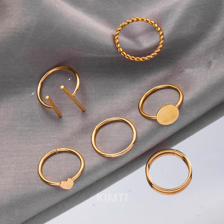 Set Of 6 Gold-Plated Contemporary Stackable Finger Rings