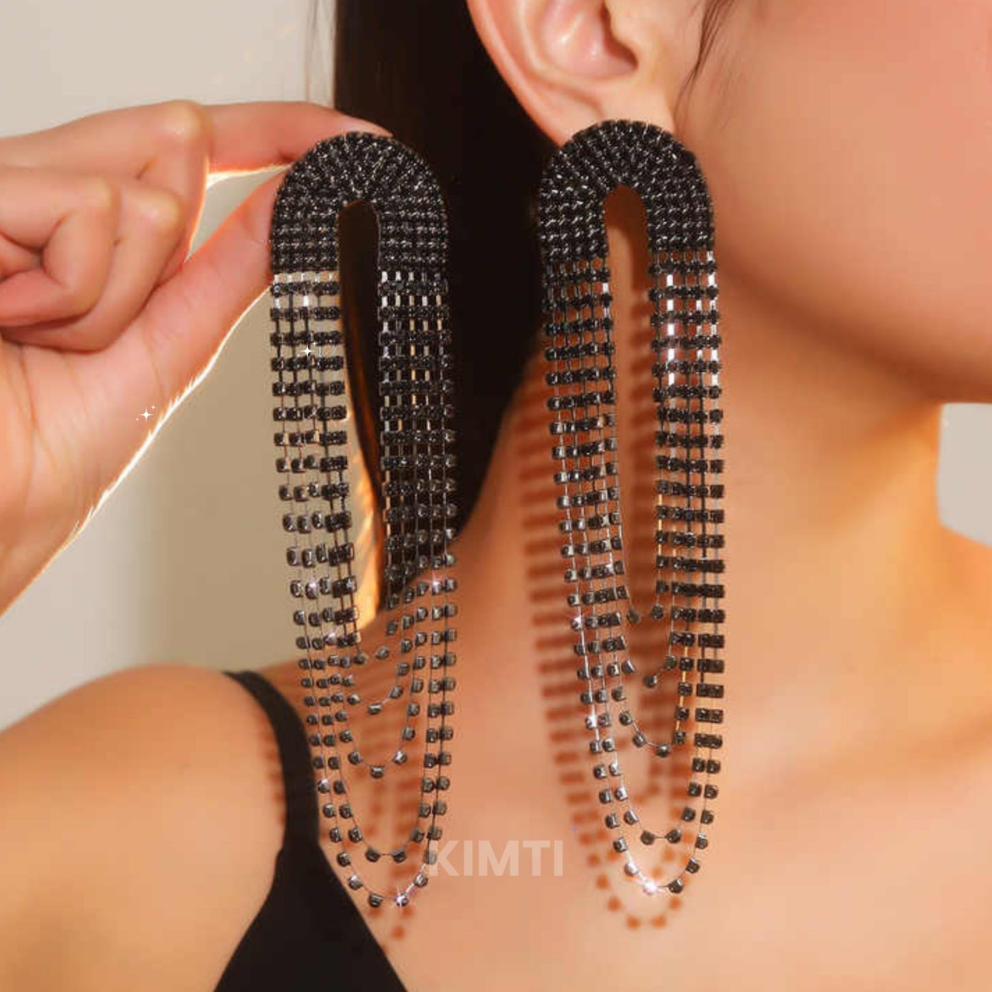 Black Rhinestone Contemporary Drop Earring
