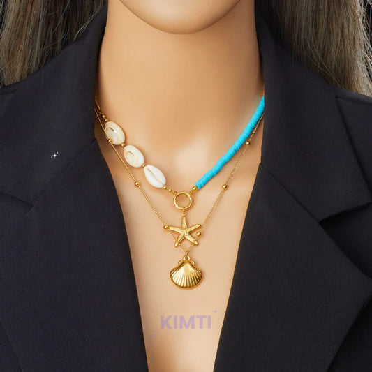 Gold Scallop Double Layer Starfish Pearl Pendant Anti Tarnish Necklace