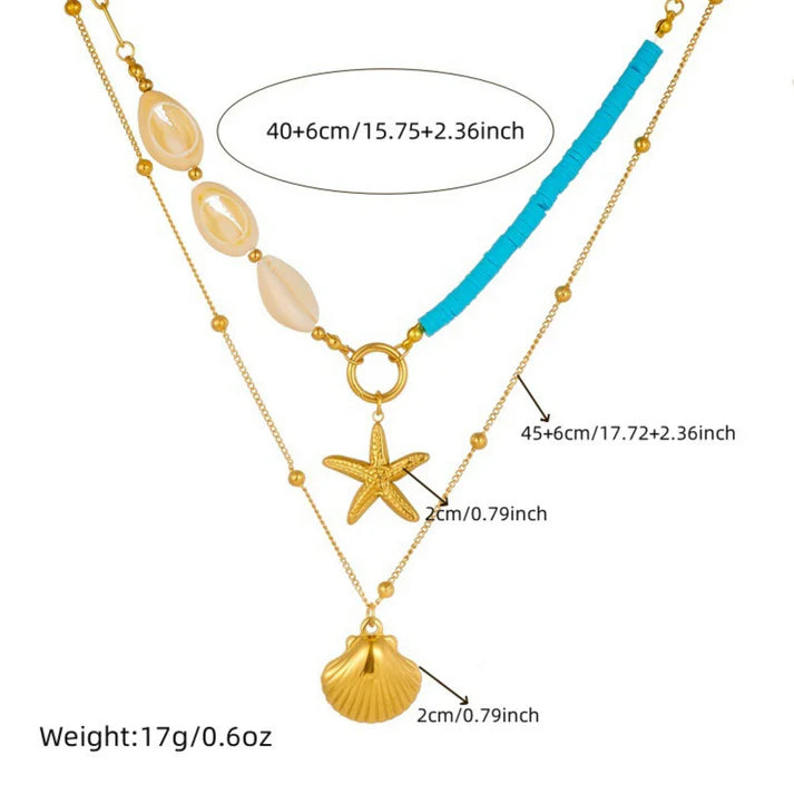 Gold Scallop Double Layer Starfish Pearl Pendant Anti Tarnish Necklace