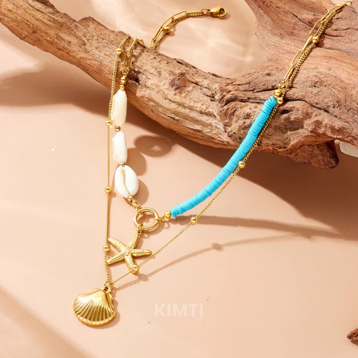 Gold Scallop Double Layer Starfish Pearl Pendant Anti Tarnish Necklace