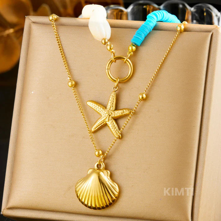 Gold Scallop Double Layer Starfish Pearl Pendant Anti Tarnish Necklace
