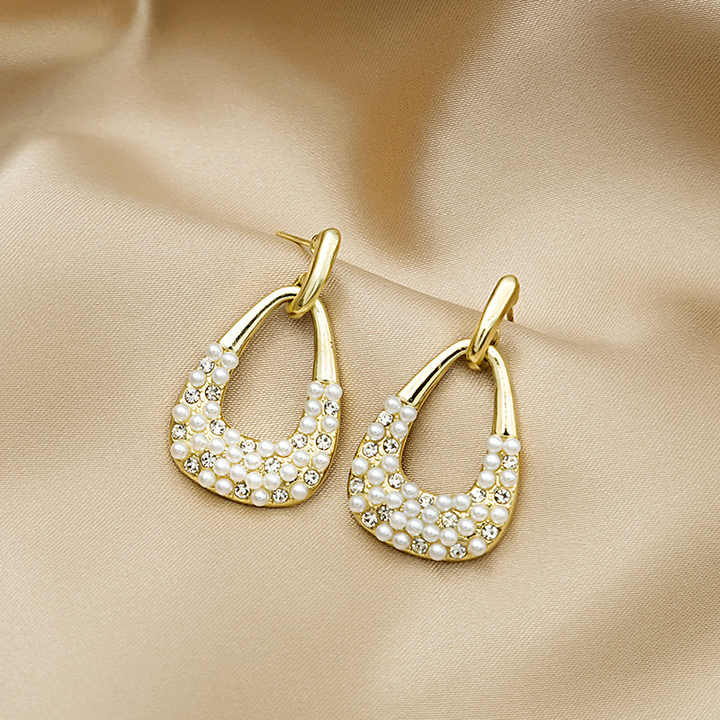 Gold Stone Studded Contemporary Drop Earring