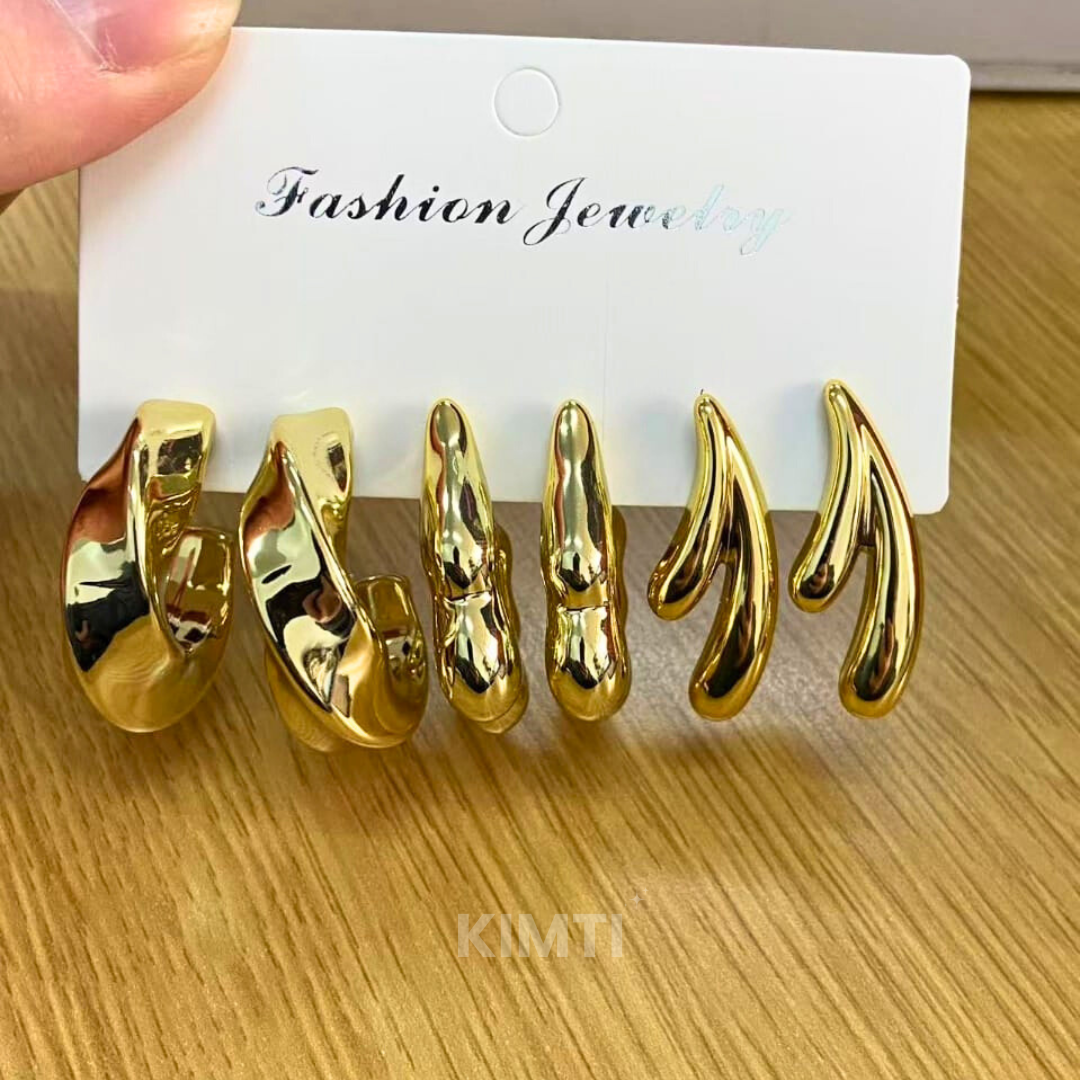 Set Of 3 Gold Plated Contemporary Half Hoop Earrings