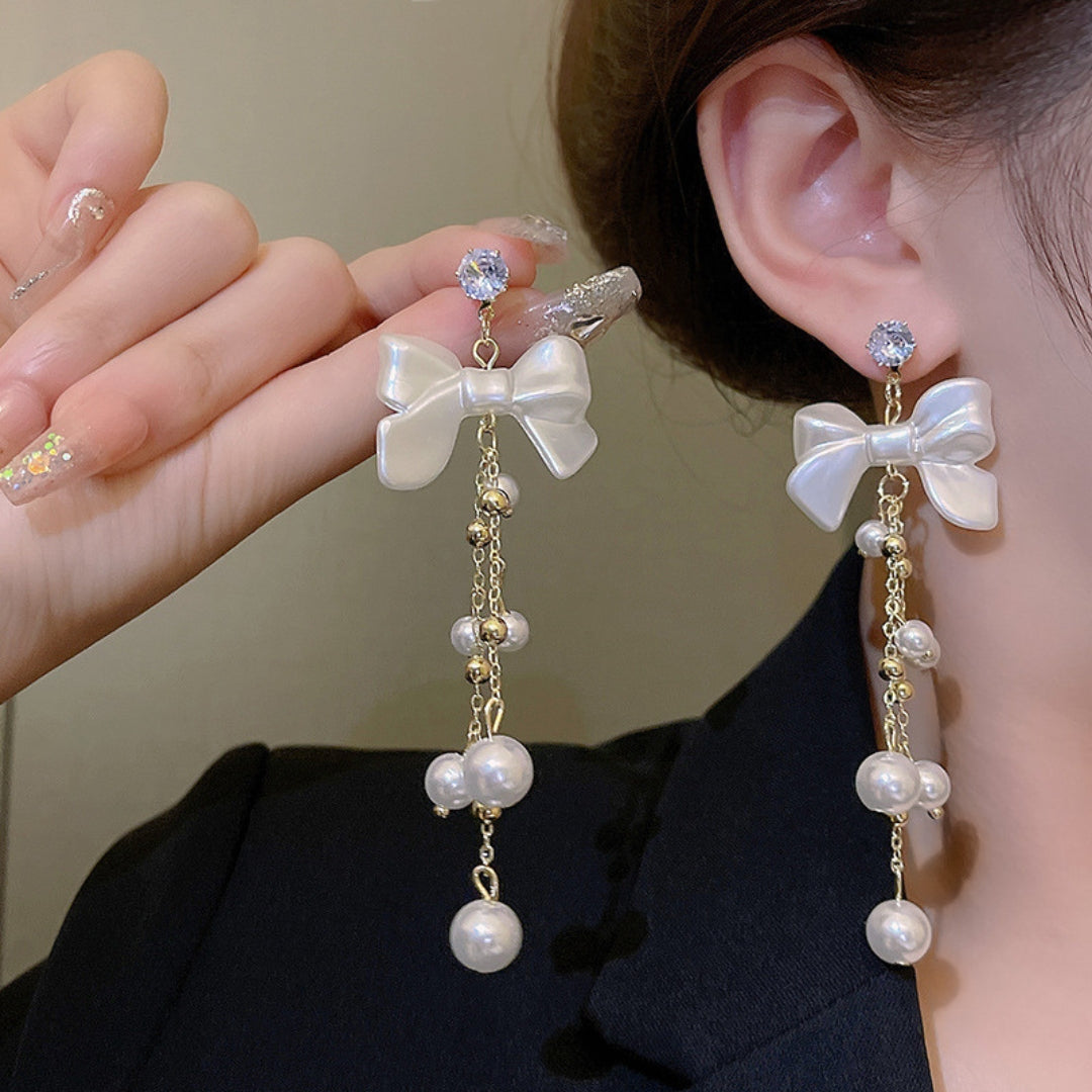 Bow Drop White Dangler  Earring