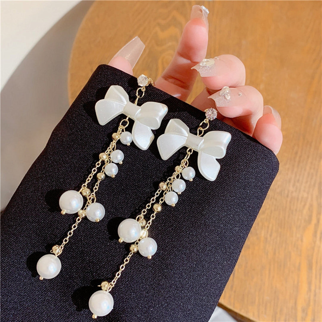 Bow Drop White Dangler  Earring