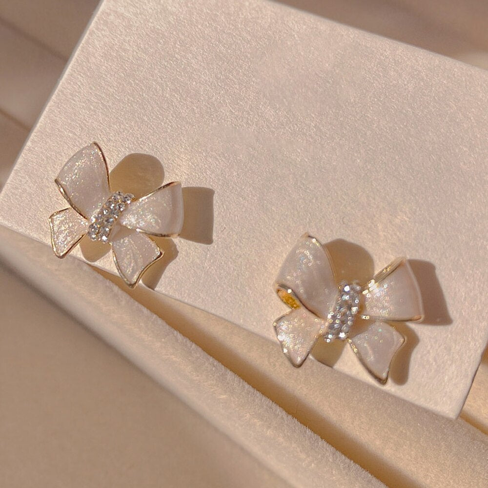 White Bow Stud Earrings
