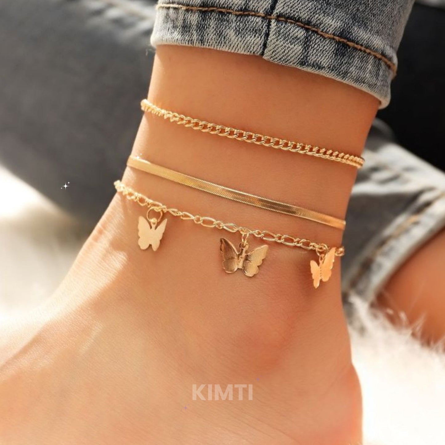 3Layer Gold Butterfly Charm Chain Anklet Set