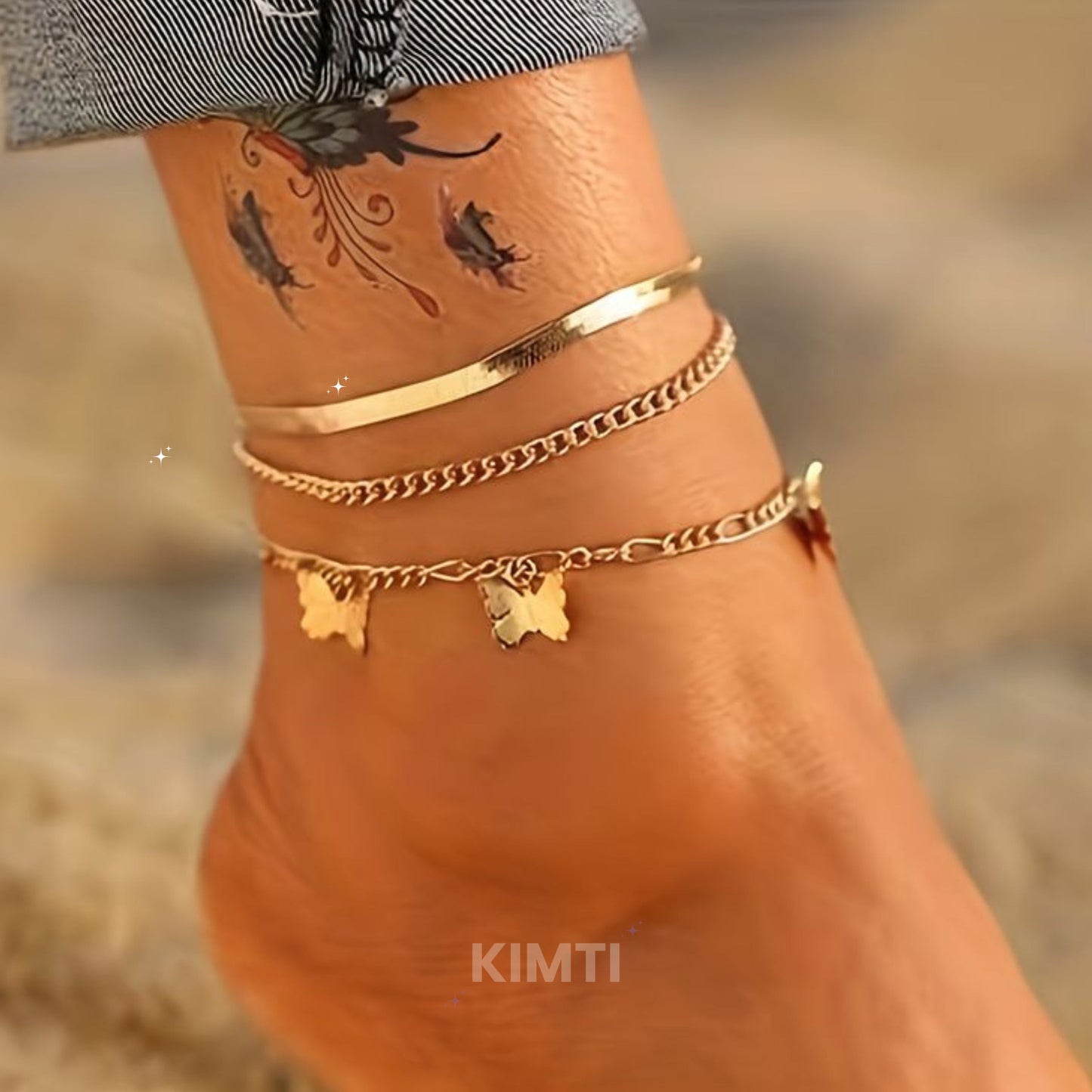 3Layer Gold Butterfly Charm Chain Anklet Set