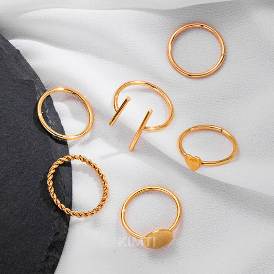 Set Of 6 Gold-Plated Contemporary Stackable Finger Rings