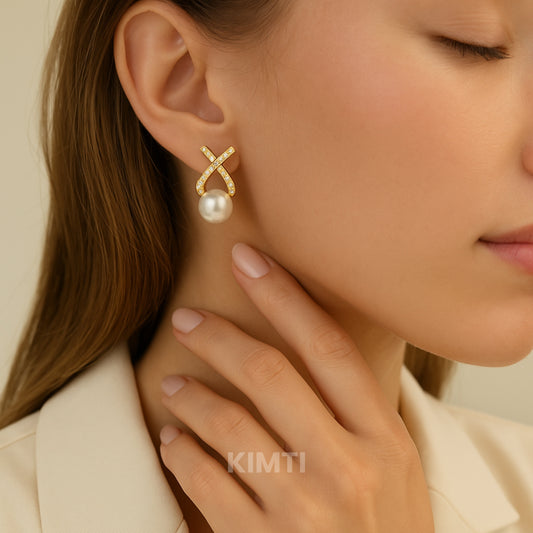 Korean Diamond Studded Cross Pearl Silver Stud Earring — Buy Any 5 for Rs. 599