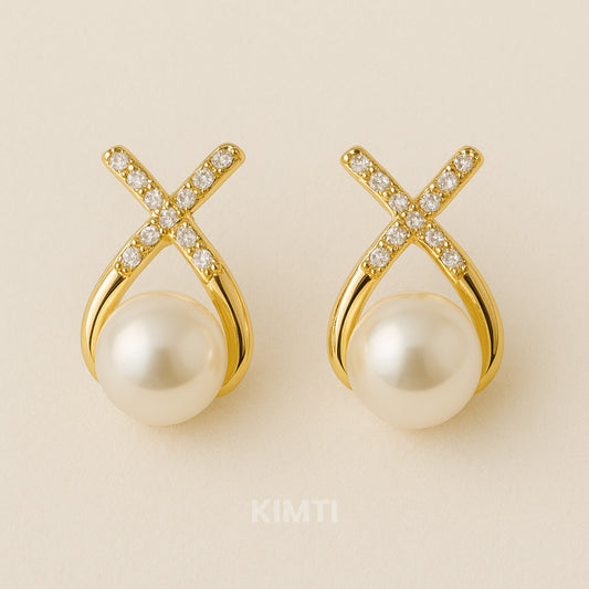 Korean Diamond Studded Cross Pearl Silver Stud Earring — Buy Any 5 for Rs. 599