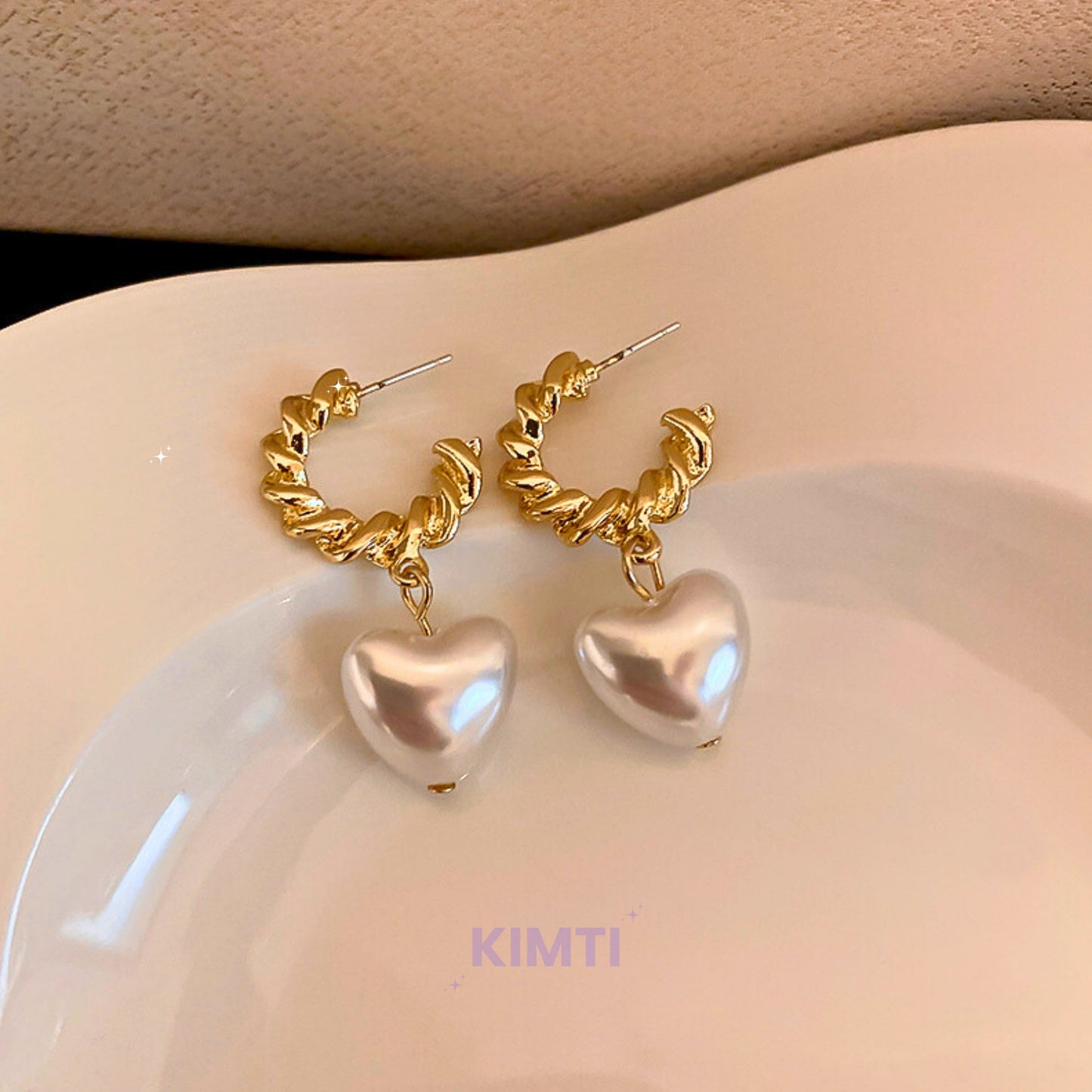 Geometric Heart Pearl Drop Hoop Earring