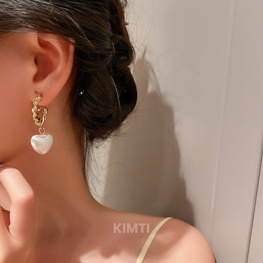 Geometric Heart Pearl Drop Hoop Earring