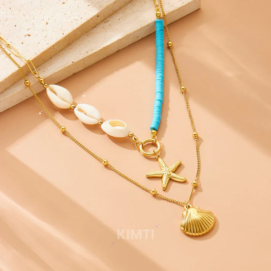 Gold Scallop Double Layer Starfish Pearl Pendant  Anti Tarnish Necklace